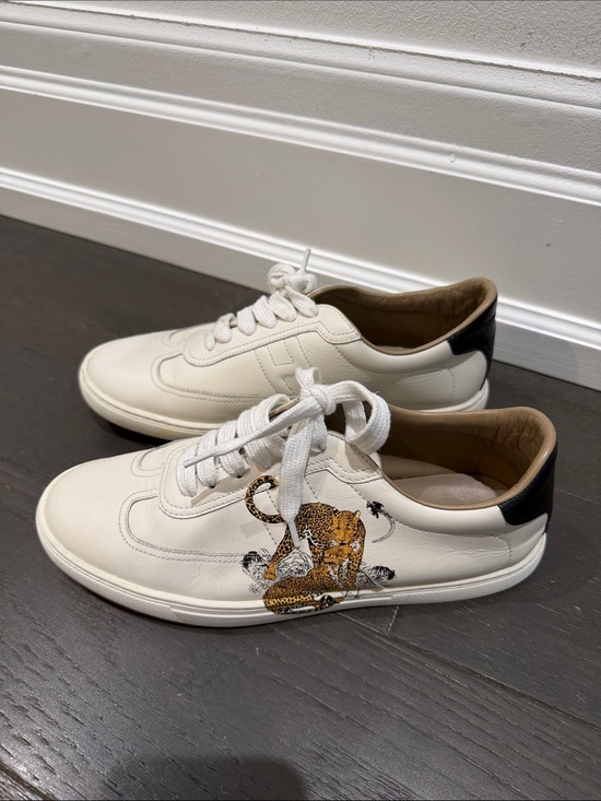 Hermes Shoes - Hermes White Leather Sneakers with Leopard Motif and Black Heel